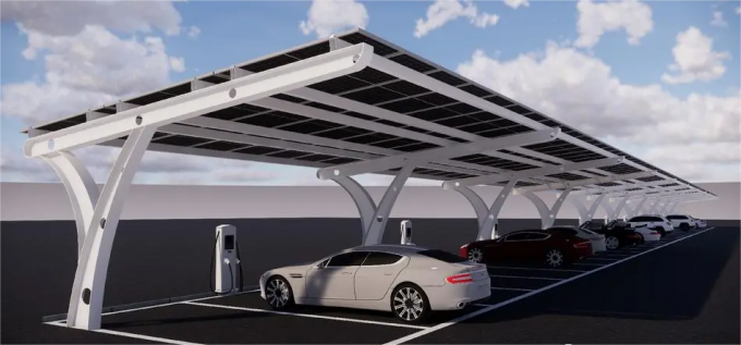 Parcheggio di veicoli elettrici con pannelli solari con pila di ricarica 0